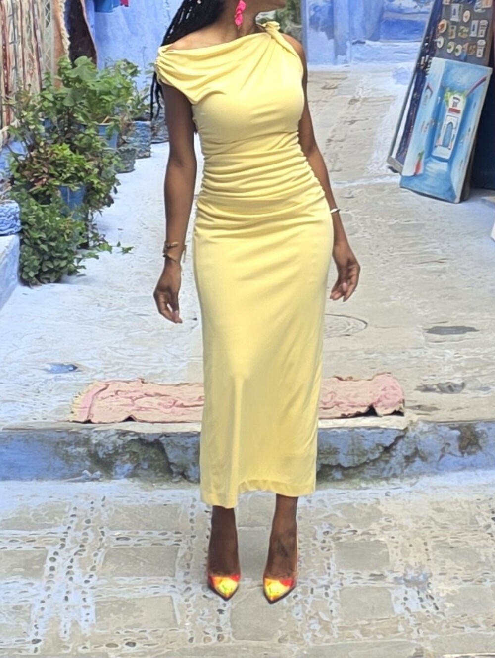 Butter Yellow Draped One-Shoulder Maxi Fitted Bodycon Dress - Picture 9 of 9